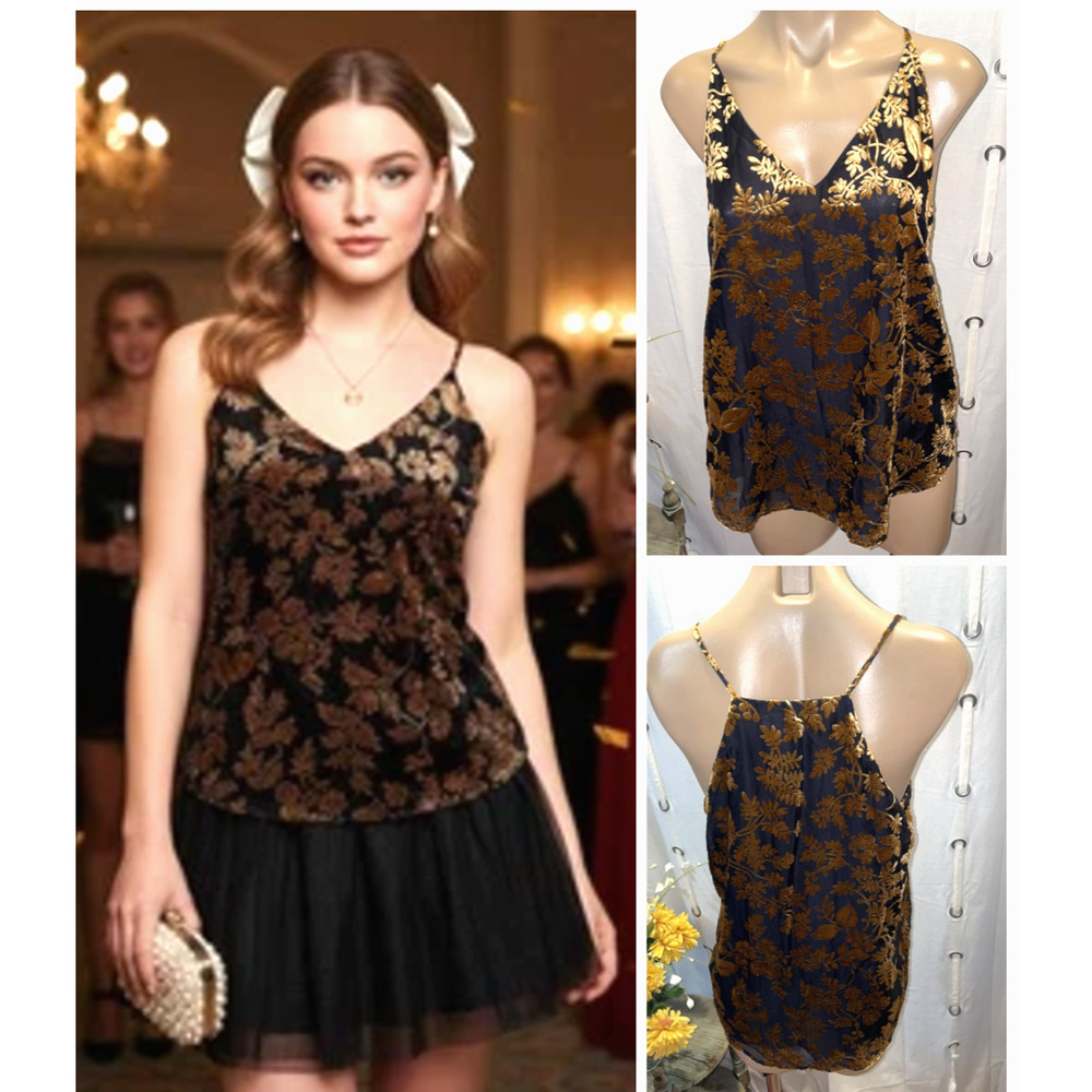 Y2k Velvet Burnout Cami L Black Gold Floral Sheer Coquette Whimsigoth Fairygoth